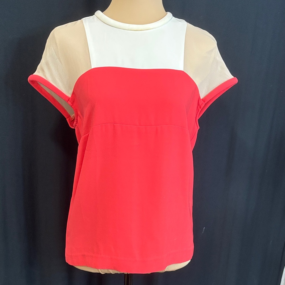 Maje Red and White Sheer Sleeve Blouse